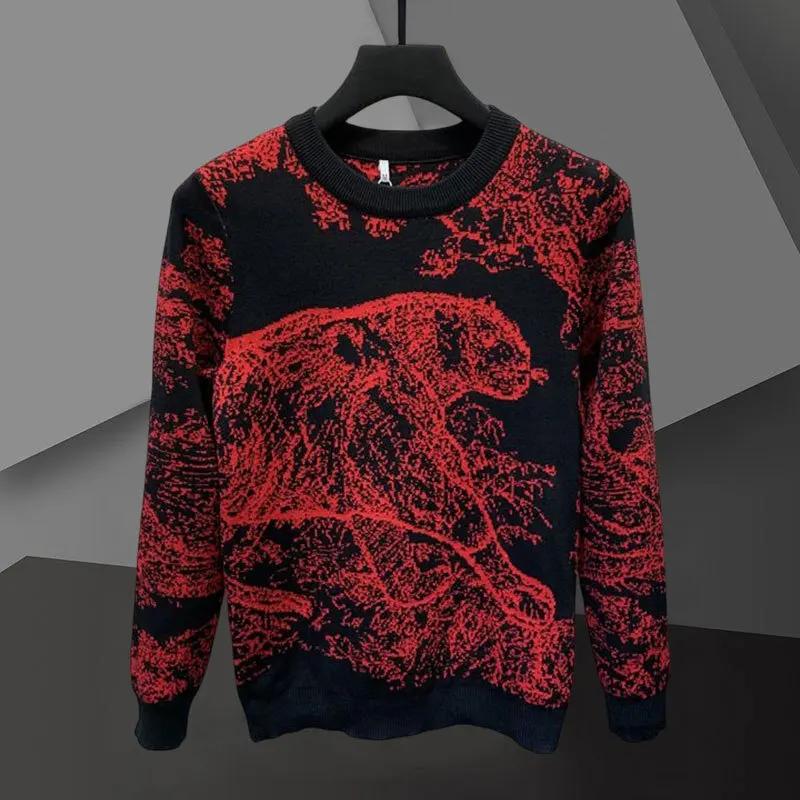 Fall Slim Round Neck Tiger Pattern Long Sleeve Sweater Luxury British Versatile Pullover Sweater Fashion Knitted Sweater For Men