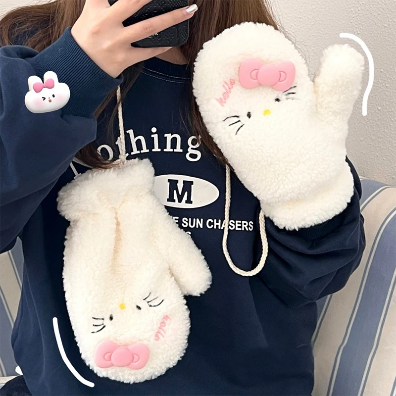 Cartoon Sanrio Hello Kitty Plush Gloves For Women Girls Cute Warm Glove Outdoors Windproof Riding Gloves Christmas Gifts