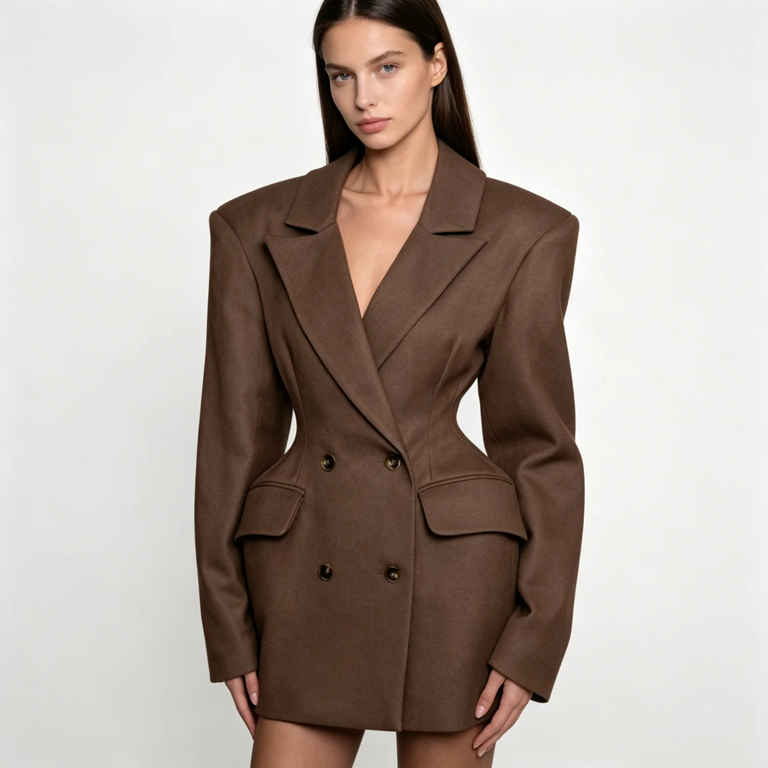 PUAL 2026 Women Blazer Dress, Padded Shoulder Double-Breasted Tailored Waist Design, for Parties Office Dating Events