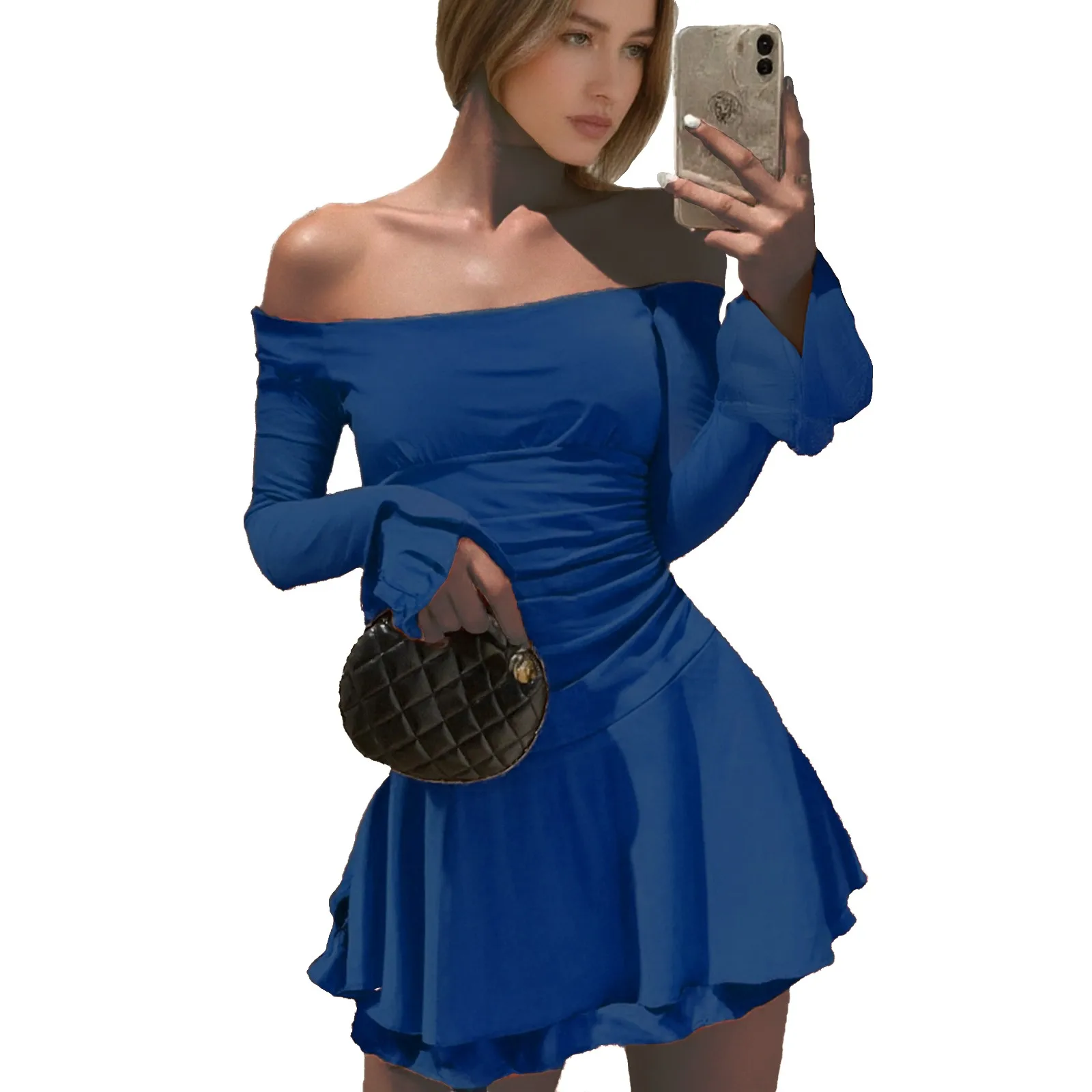 

Off Shoulder Flare Sleeve Ruched Dress Elegant Women Spring Summer 2025 Slim Waist A Line Ruffles Mini Dress Sexy Party Clothes