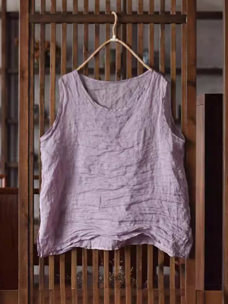 Women Casual Ramie Tank Tops New Arrival 2025 Summer Vintage Style O-neck Plain Color Loose Female Sleeveless Tops Tees M678