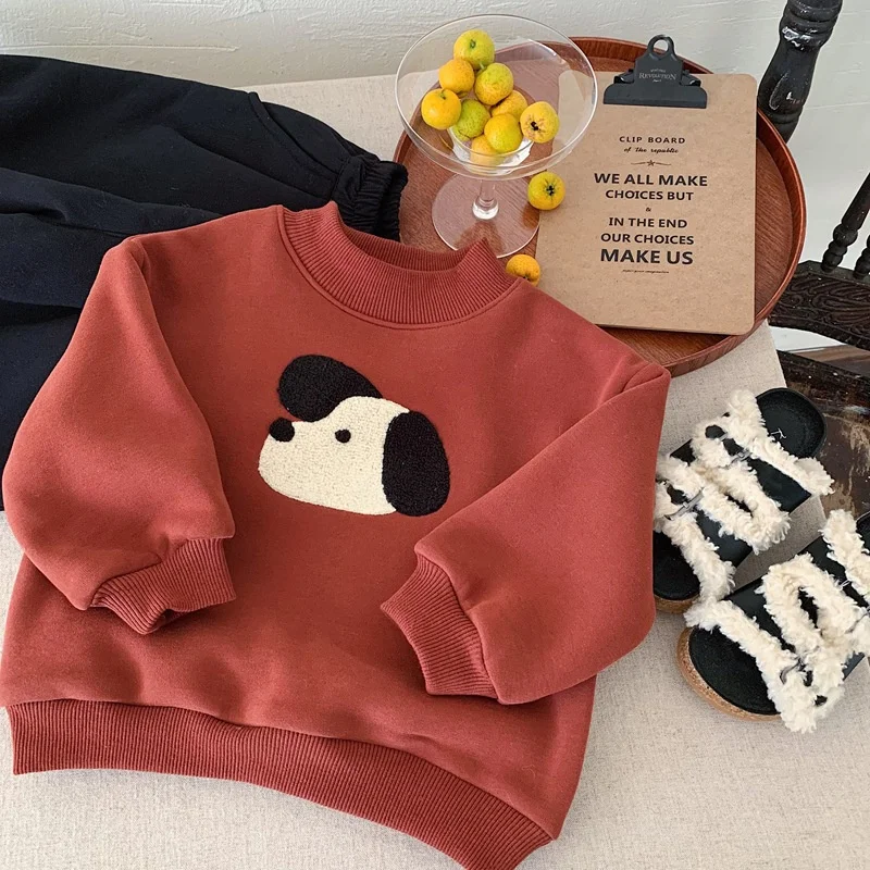 가을 겨울 어린이 소년 스웨터 만화 인쇄 플러스 벨벳 두꺼운 면화 유아 소년 풀오버 어린이 소년 따뜻한상의