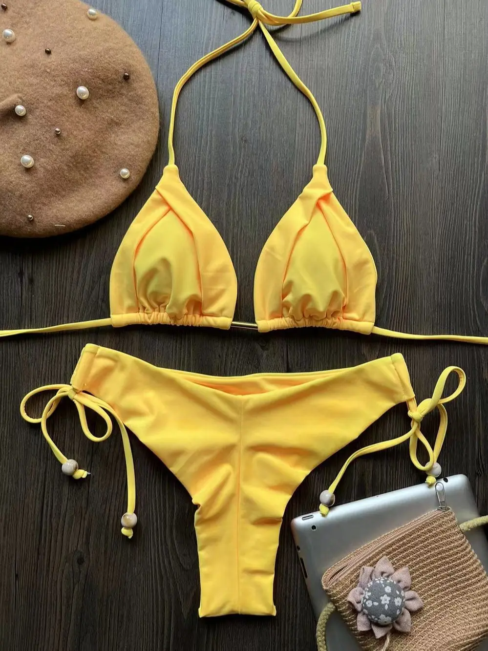 Micro maiô bandagem sexy feminino, swimwear push up, conjunto de biquíni de duas peças, roupa de banho sólida, roupa de banho feminina, 2023