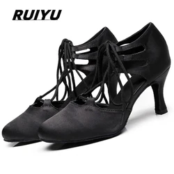 Zapatos de baile latino para mujer, zapatillas de baile de tacón alto, Salsa, Tango, salón, fiesta, satén, negro, morado