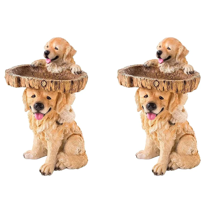 B23B 2X Puppy Polyresin Bird Bath Brown Pedestal Handmade Gifts For Outdoor Home Garden Lawn Yard Decorations