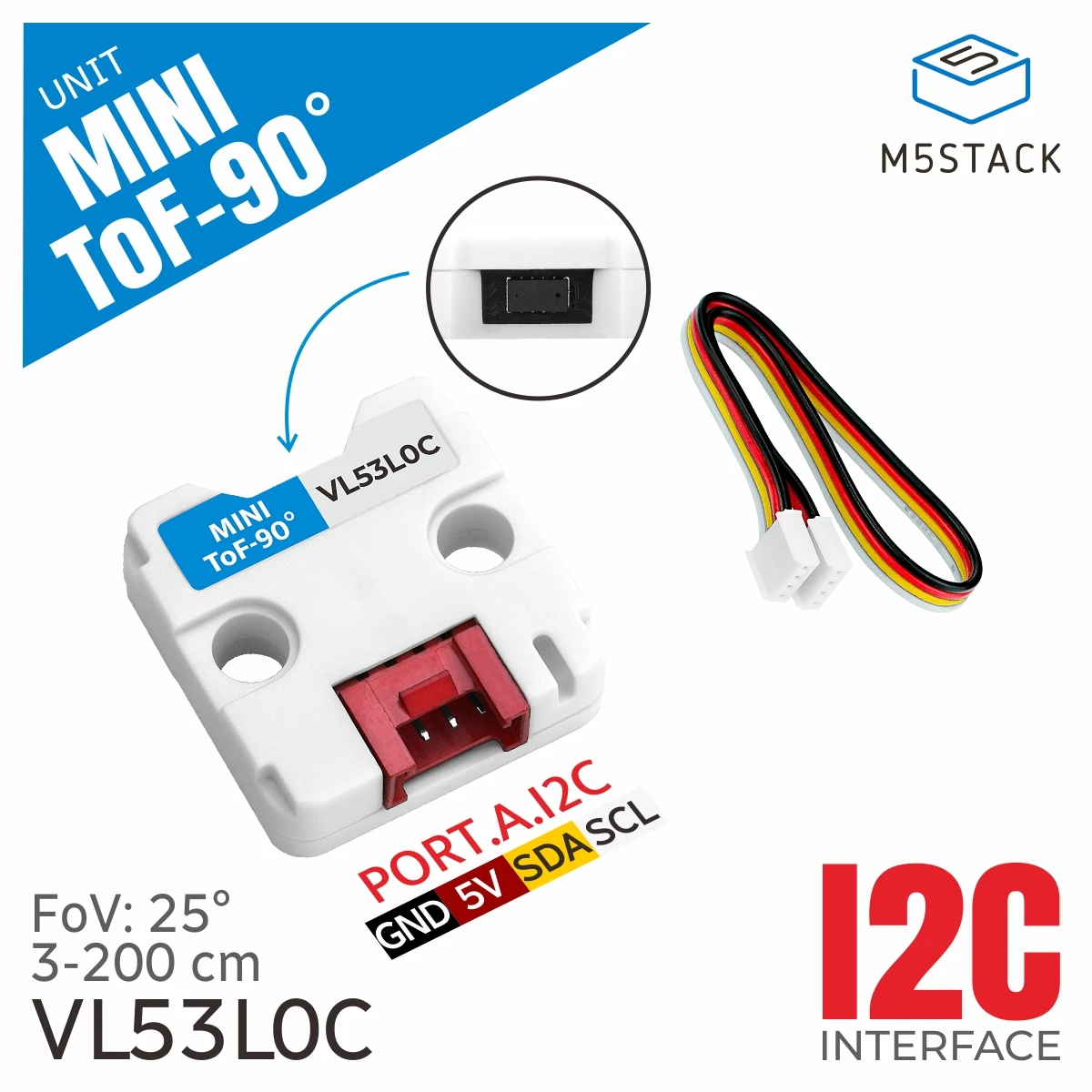 

M5Stack Official Mini ToF Unit in 90 Degree (VL53L0CXVODH)