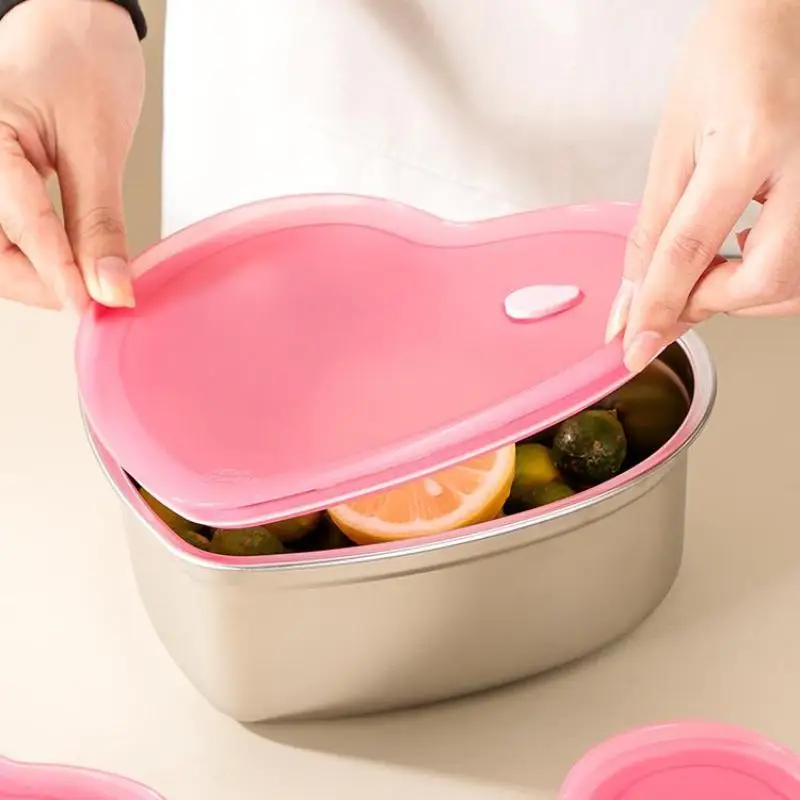 Love-shaped Kitchen Food Organizers With Lids 410 Stainless Steel Storage Box Large Capacity Leakproof Kitchens Accessories