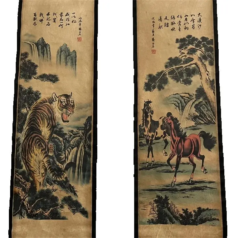 

China old Celebrity Tiger, Horse, Eagle, Crane Painting - Traditional Four Screen Scroll Decorative Artwork for Home collectible