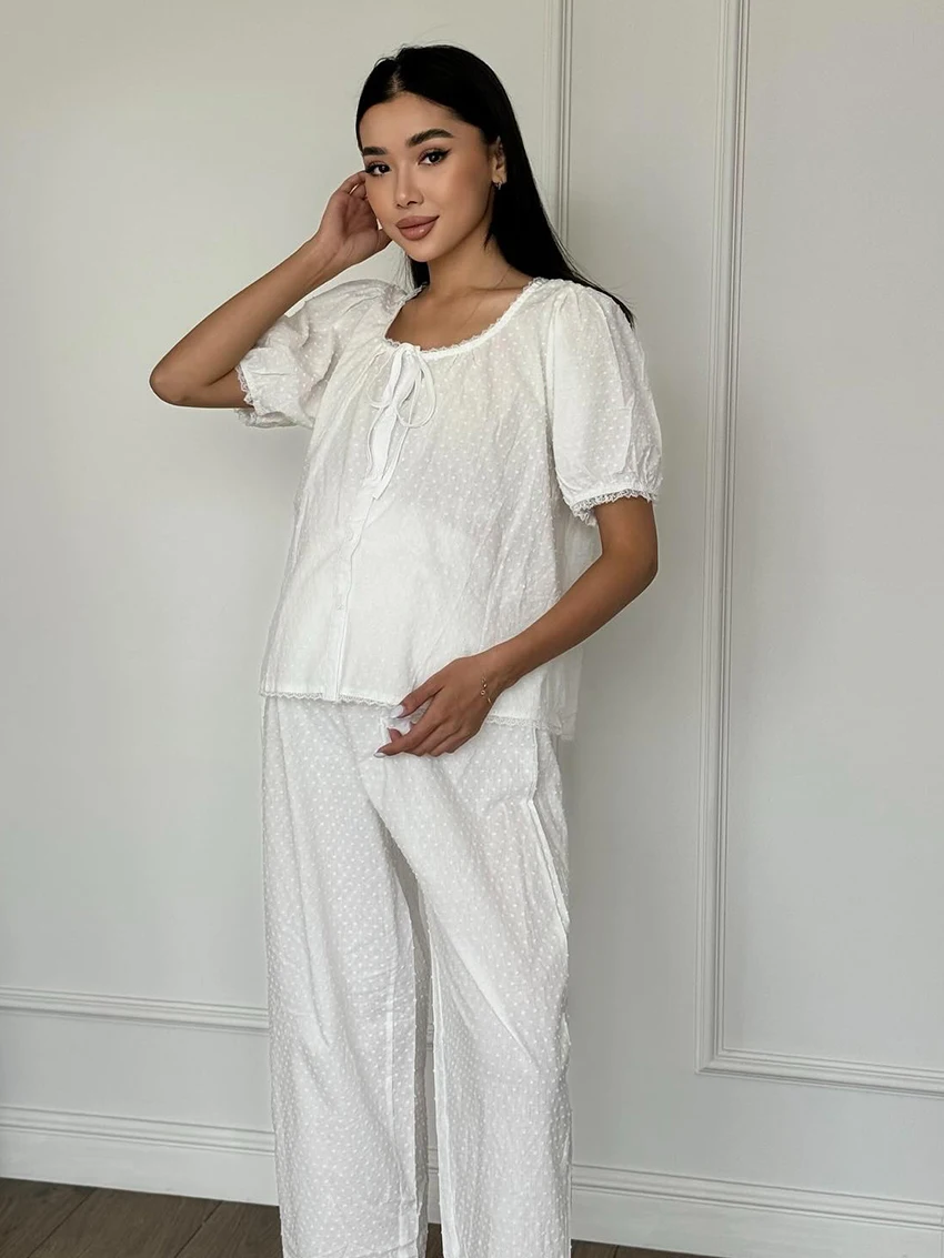 Marthaqiqi Cotton Women Nightwear Suit Lace Up Pajamas O-Neck Sleepwear Short Sleeve Nightie Pants Casual Ladies Nightgowns Set