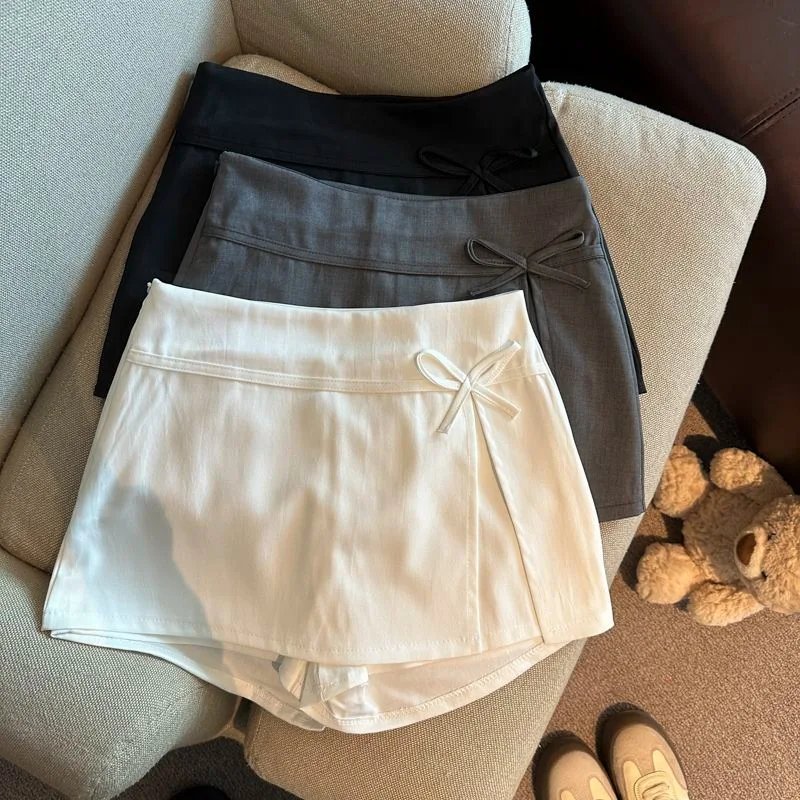 Koreanischer Schleifenrock mit hoher Taille, A-Linie, für Damen, Sommer 2026, Wickelrock mit Schlitz, Shorts, einfarbig, schlankmachender Anzug, Minirock – Detail 1