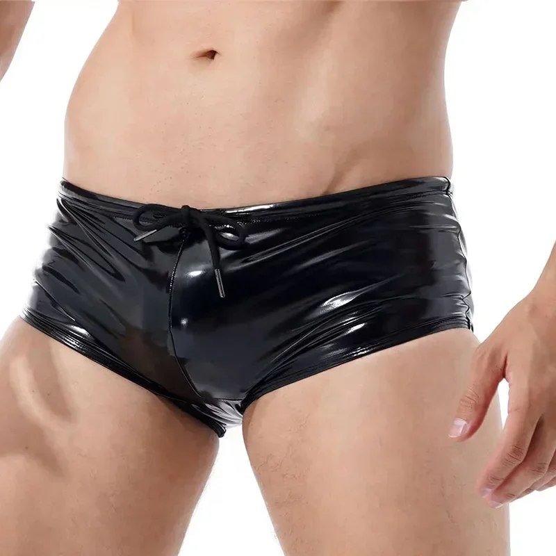 Men\'s Shiny Patent Leather Underpants Low Waist Bandage Exotic Wet Look Faux Latex Briefs Nightclub Dance Pole PVC Shorts Custom