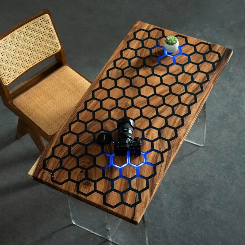 Magic induction river table, household decorative epoxy resin table, simple long wear-resistant solid wood table