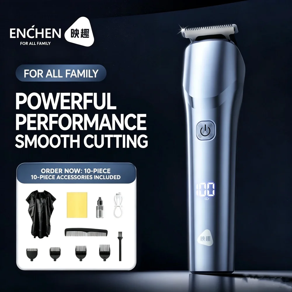 ENCHEN TR007 Silver Electric Hair Clipper, LCD Display Rechargeable Household Hair Trimmer, Powerful Motor for Family Haircut