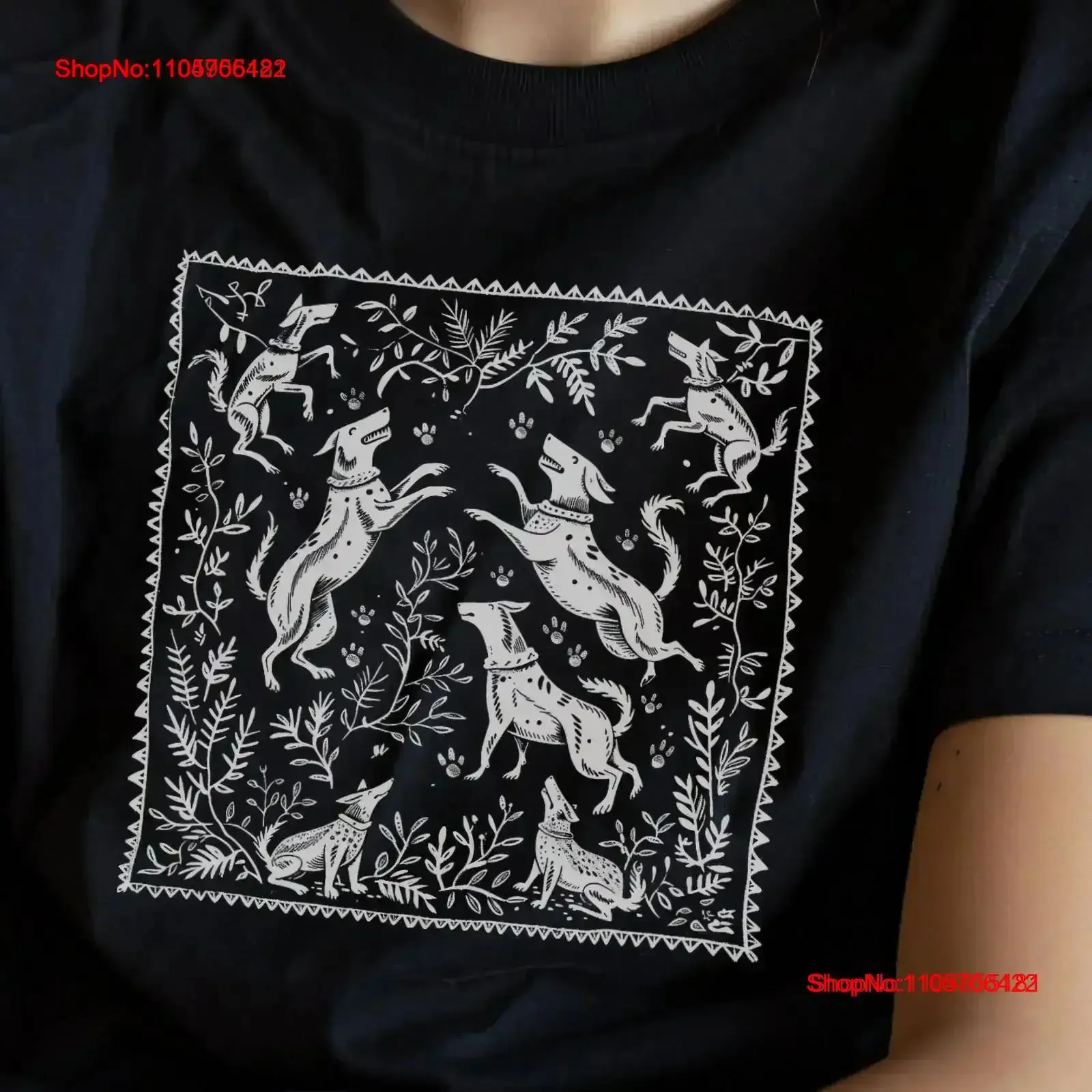 Dancing Dog Pattern T Shirt Botanical Design Whimsical Animal Art Nature Lover's Lover Linocut Cute Dogs vintage Washed fashion
