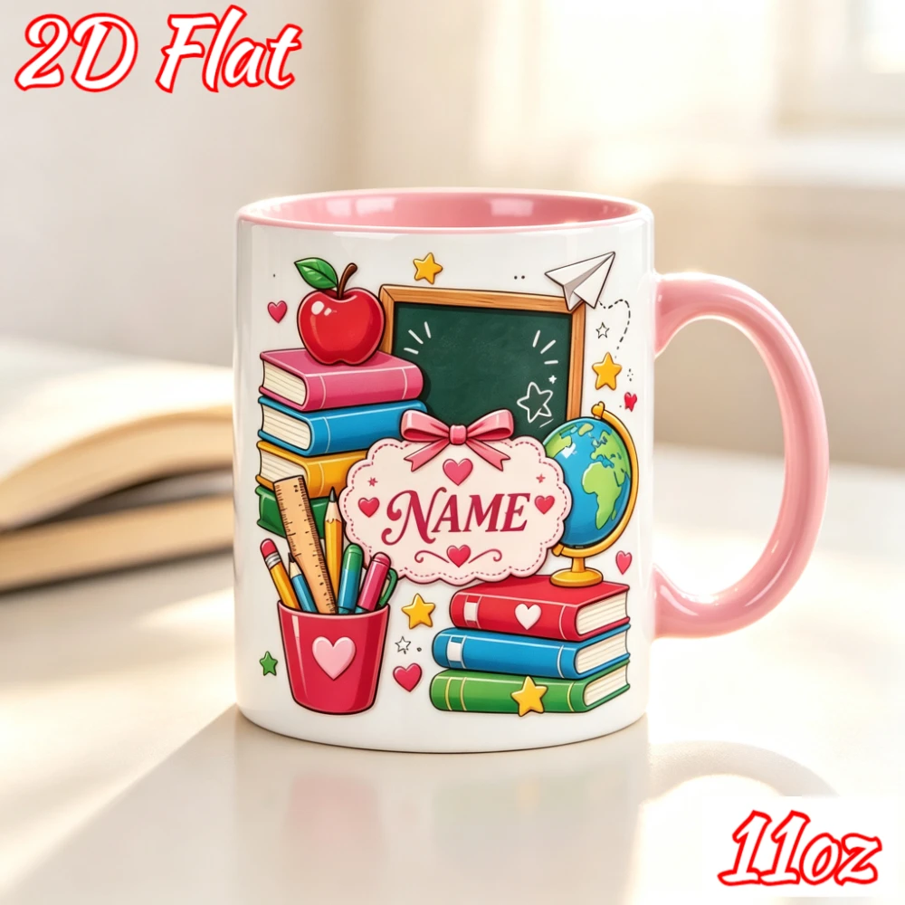 Personalized Teacher Mug 11oz Custom Name Ceramic Coffee Cup School Books Apple Globe Novelty Gift for Teacher Thank You