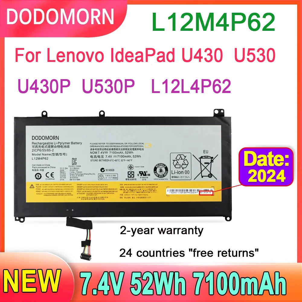 DODOMORN L12M4P62 Laptop Battery For Lenovo IdeaPad U430 U430P U530 U530P Series Replace parts L12L4P62 2ICP6/55/85-2 52Wh 7.4V