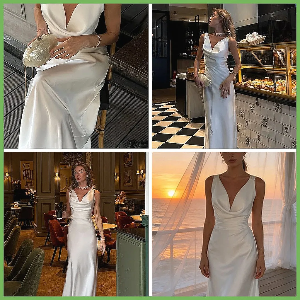 

Elegant White Satin Maxi Dress for Women, V-Neck Sleeveless Backless Party Evening Gown