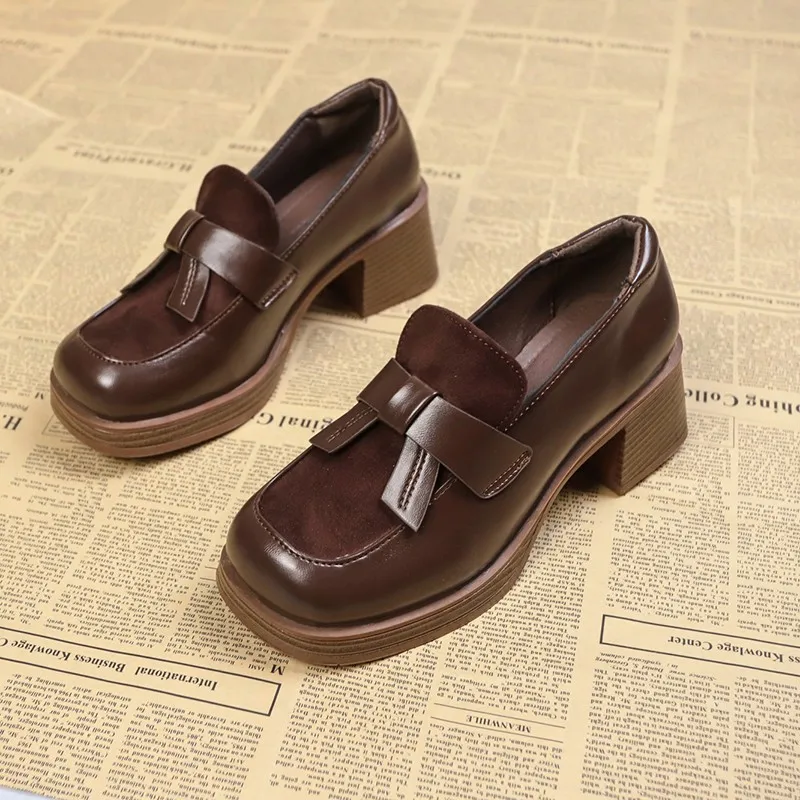 2024 Autumn New Style Women's High Heels Leisure Leather Shoes British Style Platform Shoes Chunky Heels Brown Loafers