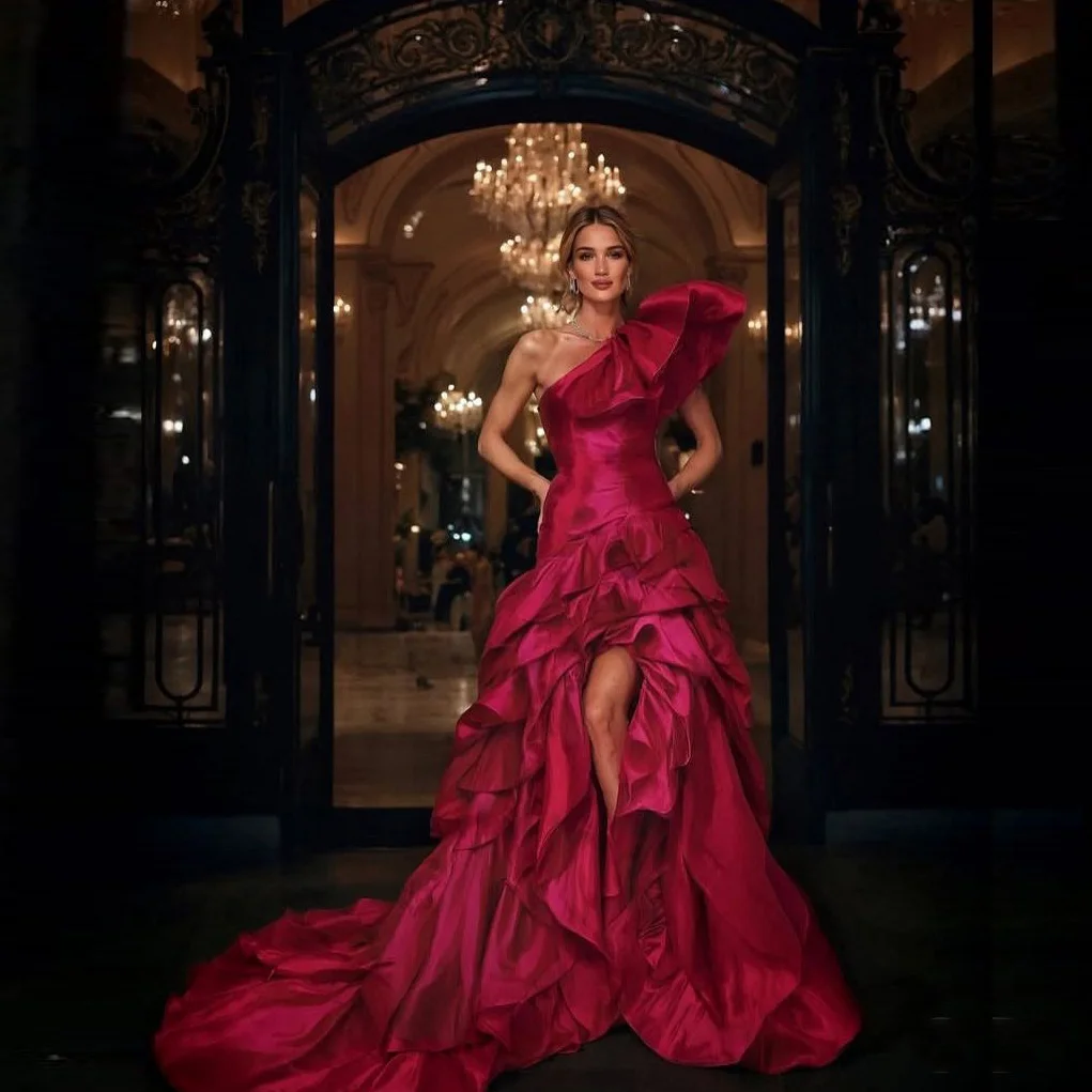 

High Couture Fuchsia Prom Dress One Shoulder Floor Length Women Maxi Dress Layered Sleeveless Long Evening Gown Side Split