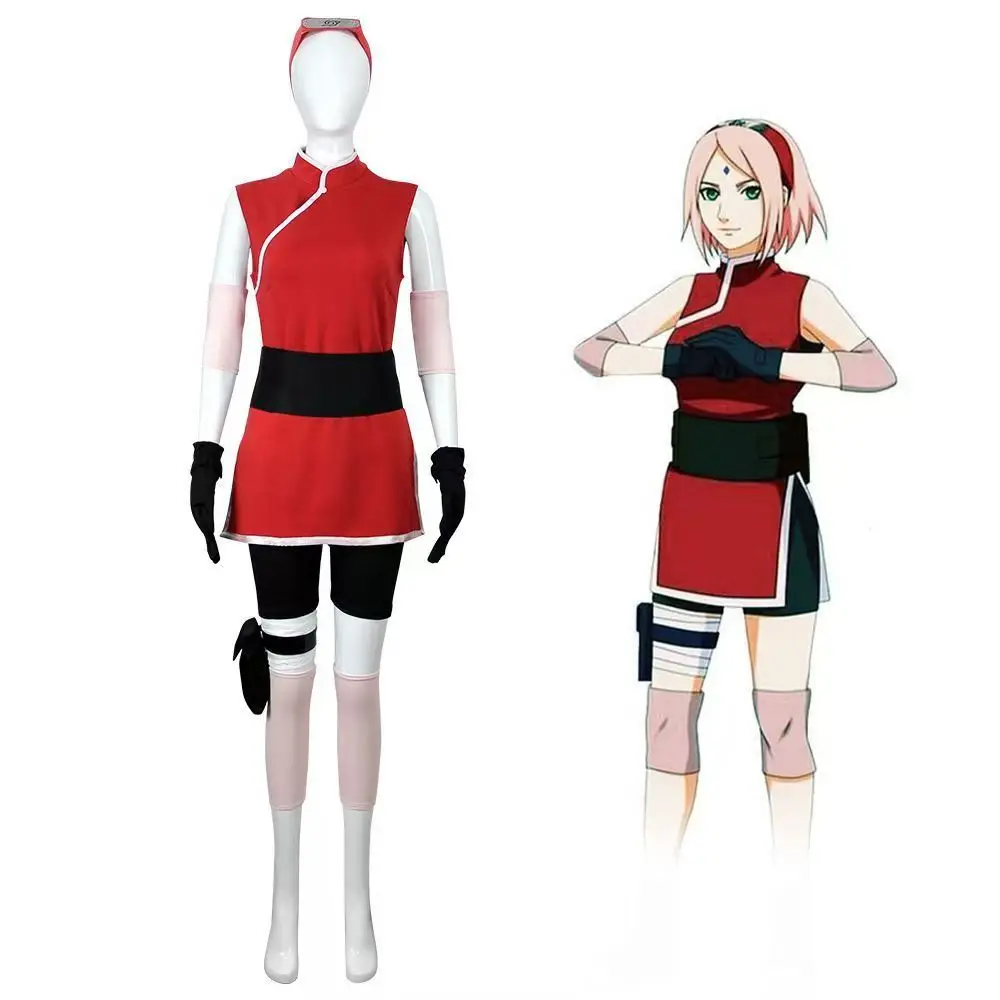 

Sakura Haruno Cosplay Costume Red Ninja Outfit With Headband And Arm Guards For Anime Conventions Halloween Comic Con Role Play
