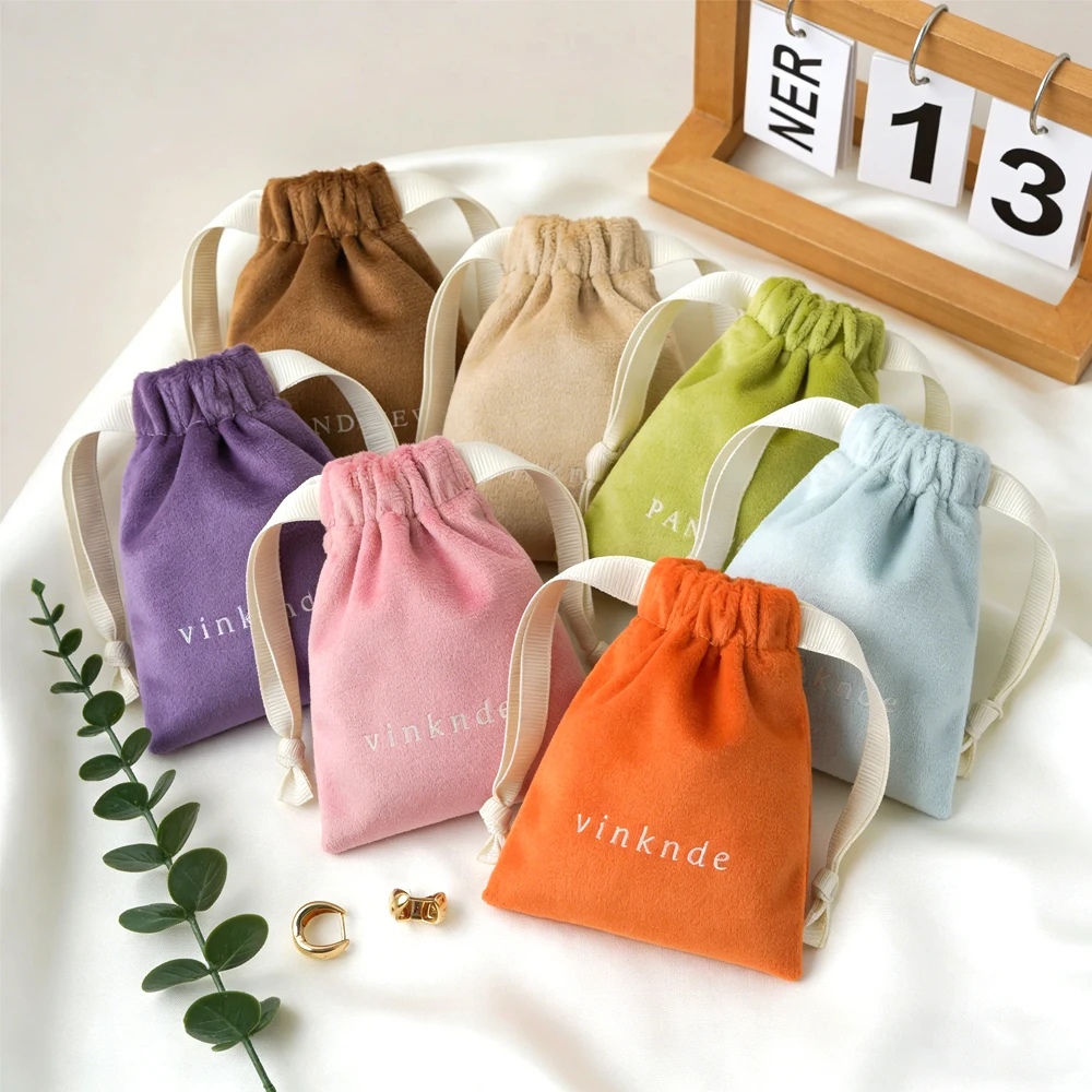

50-100pcs Velvet Gift Bags Custom Logo Ribbon Drawstring Bags For Wedding Christmas Party Jewelry Candy Gifts Packing Pouches