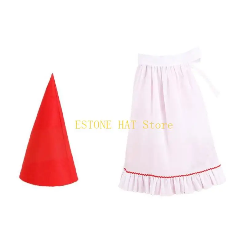 49MF Elf Costume 2Pcs Halloween Gnomes Hat Felts Dwarf Hats Ruffle Half Waist Apron Gnomes Costume Set for Christmas Cosplay