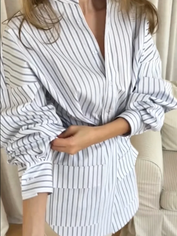 Women's New Striped Stand Collar Belted Shirt Utility Long Sleeve Oversized Blouse Stylish Lady Dating Office Daily Casual Wear