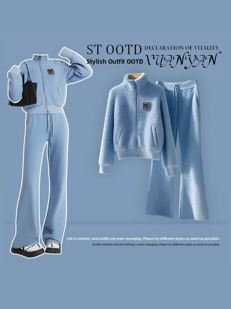 

Blue Stand Collar Sweater Jaet And Flared Pants Women's Spring Faion Korean Sle Clete Set Thiened Long Sve