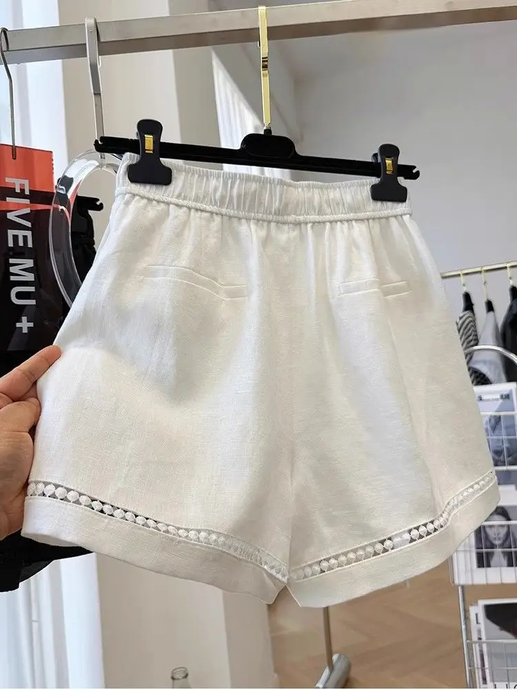 Women's Summer New Loose Drawstring Elastic Waist Lace Patchwork Palazzo Shorts