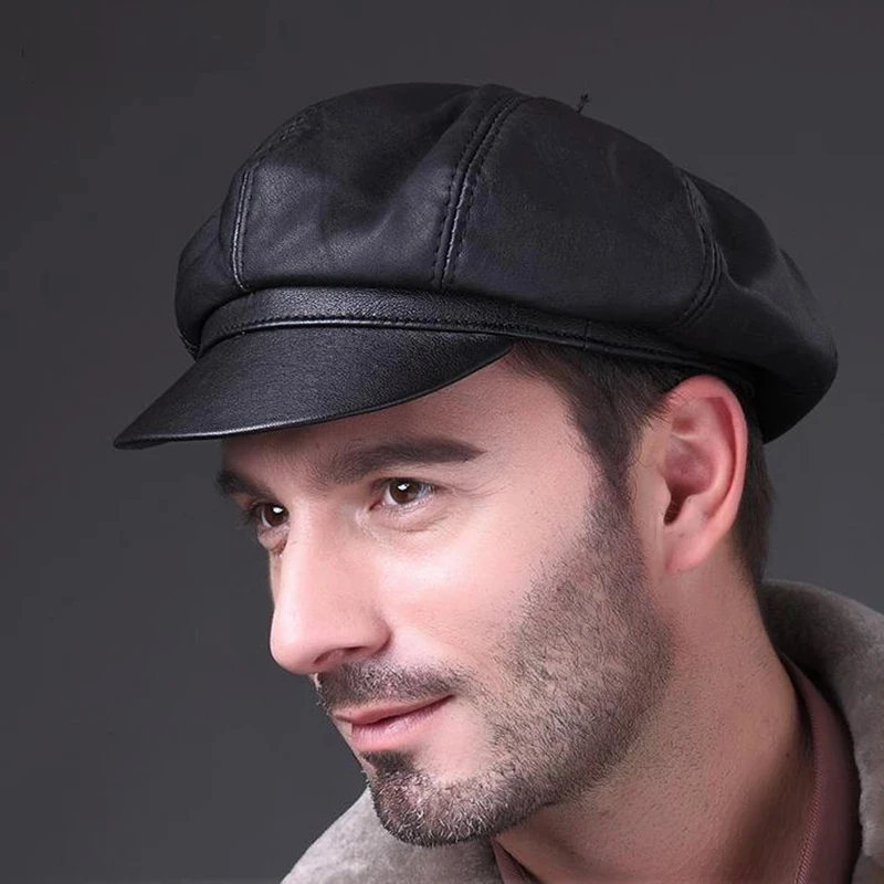 Genuine soft leather driving flat top hat autumn and winter 2024 men's fashion Beret outdoor sports warm octagonal hat