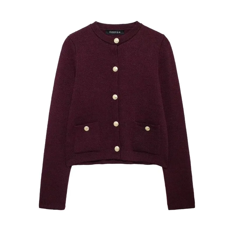 Fall Winter New Arrival Women's Knitted Long Sleeve round Neck Coat Golden Button Decorated Regular Length Cardigan