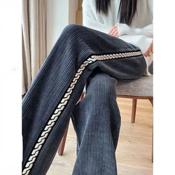 Winter Warm Thicken Corduroy  Women Long Pants High Waist 2024 Loose Snow Wear Pantalone Korean Straight Casual Black Trousers