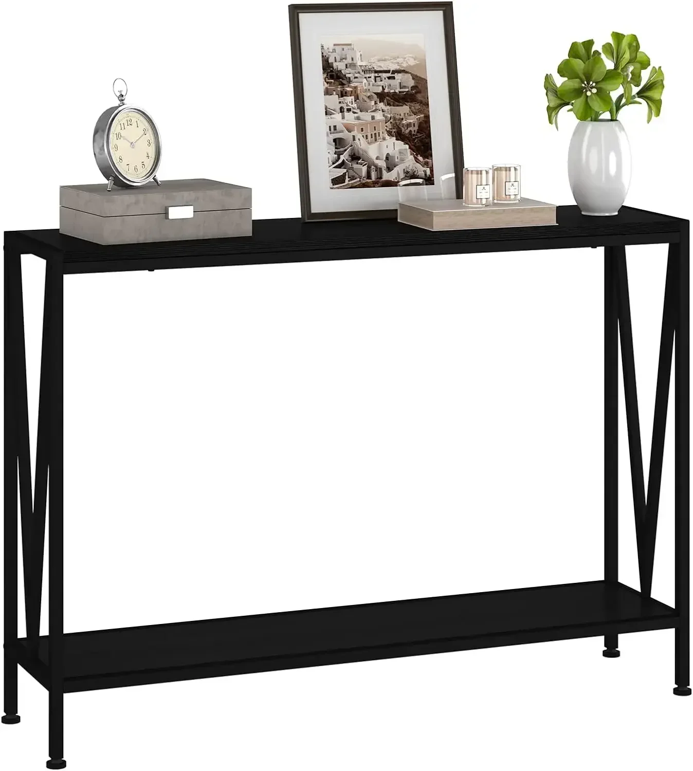 

Black Console Table, 42.9" Black Entryway Table, Industrial 2-Tier Skinny Sofa Table with Shelf, Console Tables for Entryway