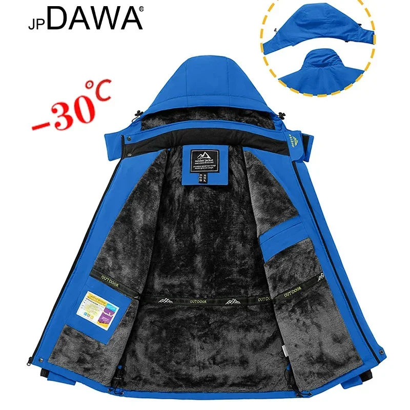 Jp Dawa Men's Fishing Waterproof Skiing Jacket, Wool Warmth, Winter Outdoor Snow Hooded Rainproof Windbreaker Fishing Suit