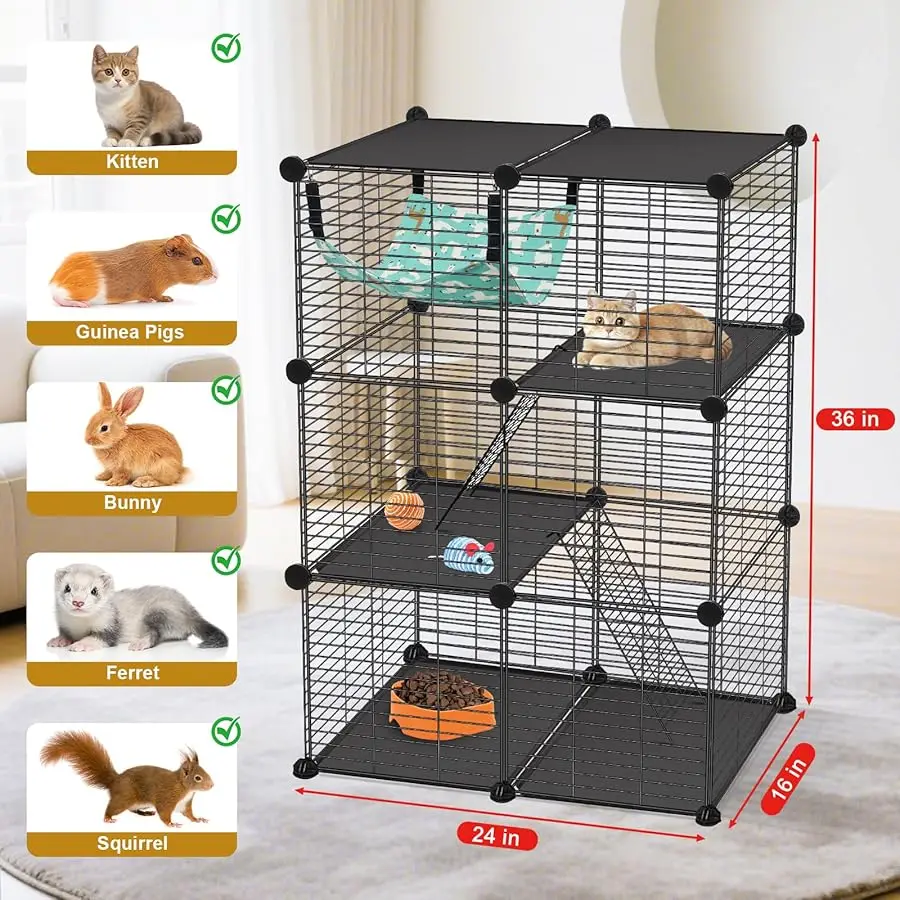 

Cat Cage, 3-Tier DIY Catio Cat Enclosures, Cat Playpen Indoor & Outdoor with Hammock, Detachable Metal Wire Kennel Cats Crate, 2