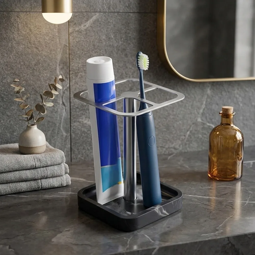 Compact Resin Toothbrush Holder Stand with 304 Stainless Steel Frame Fits Electric Toothbrushes and Measures 8.5x8.5x12cm