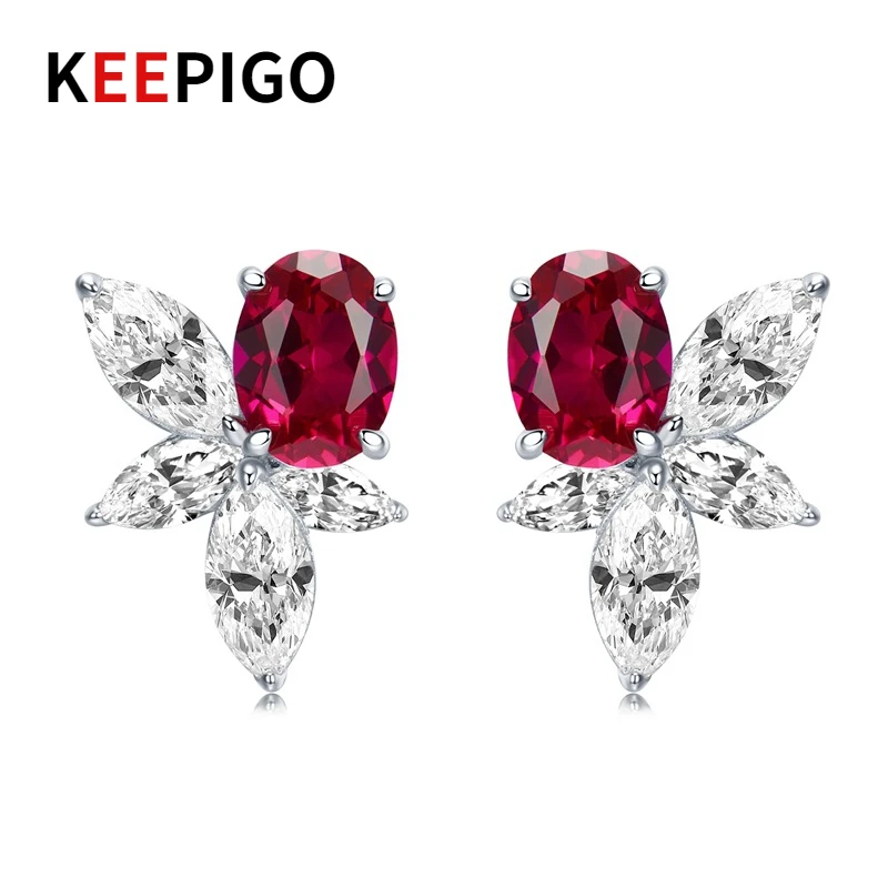 

KEEPIGO S925 Sterling Silver 6*8mm Synthetic Ruby Oval High Carbon Diamond Earrings For Women Sparkling Fine Jewelry Gifts RA188