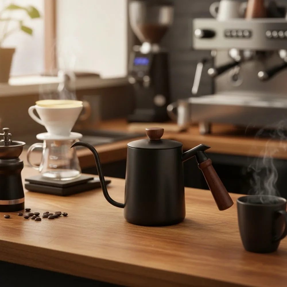 Wooden Handle Goose Neck Coffee Kettle 304 Stainless Steel 600 ML Pour-over Coffee Pot Drip Port Narrow-Mouthed
