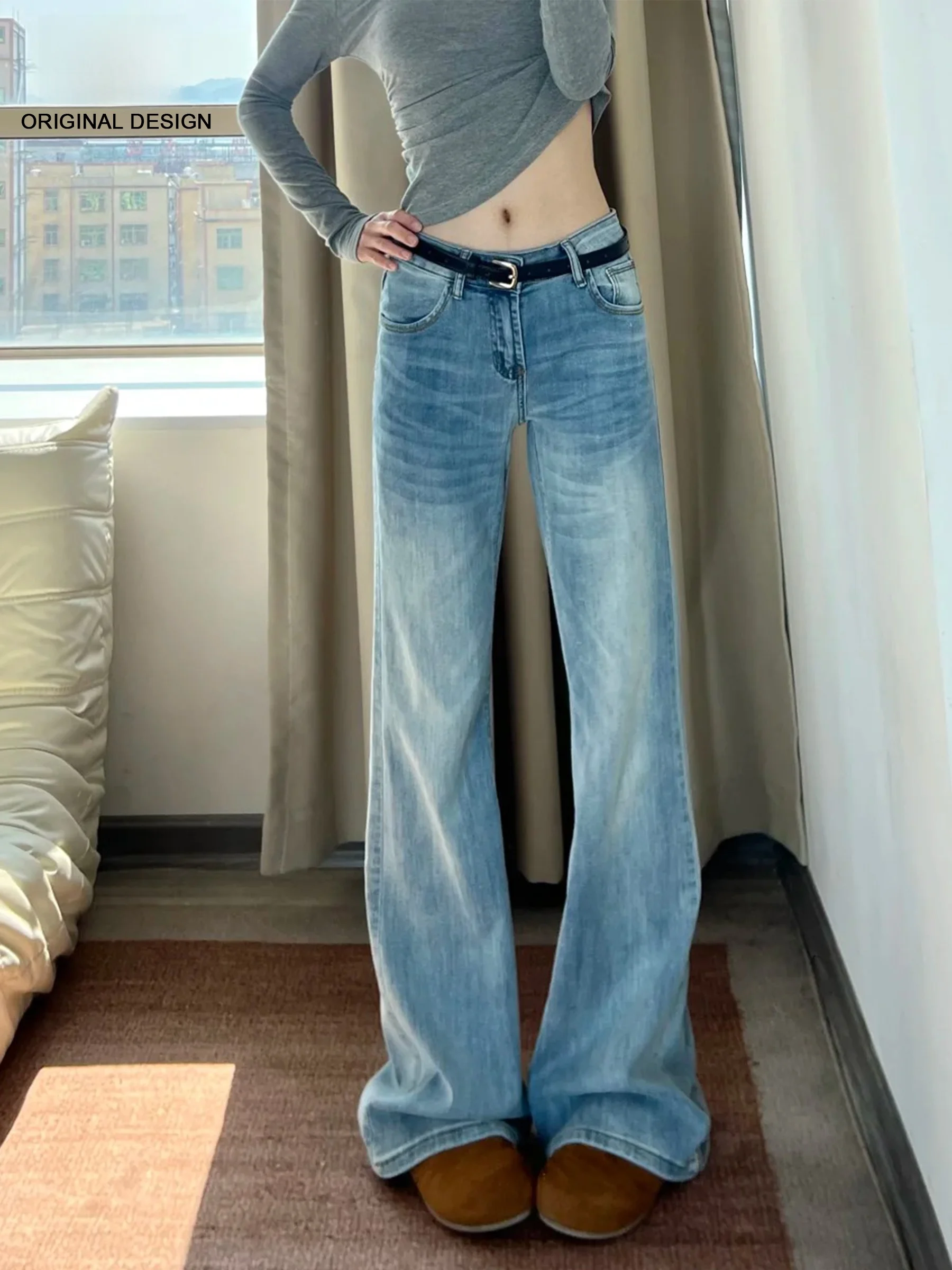 

Женские джинсы-клеш Slim Fit из денима, цвета ледяной синевы, для летнего образа, широкие брюки в американском стиле, с естественной линией талии