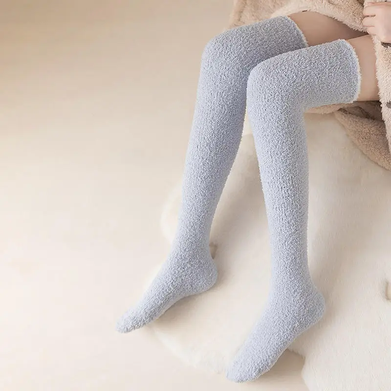 

Зимние теплые носки выше колена из кораллового флиса для женщин, плюшевые домашние длинные носки для сна, Jk, однотонные, мягкие, забавные носки до бедра