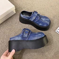 7.5cm Denim Platform Wedge Ladies Slippers Lace Up Chunky Sneaker Casual Comfy High Brand Breathable Spring Summer Bao Toe Shoes