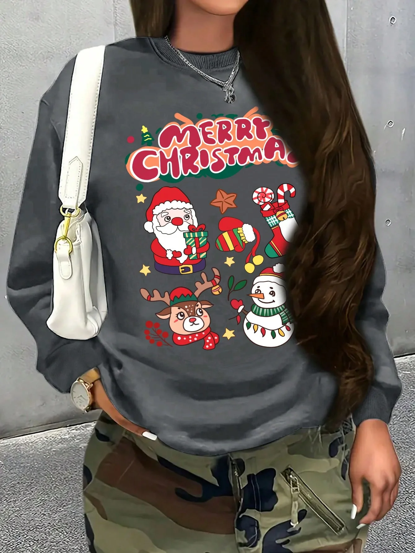 

Christmas print crew-neck hoodie, comfortable women's casual sports long-sleeved hoodie suitable for women's work commute