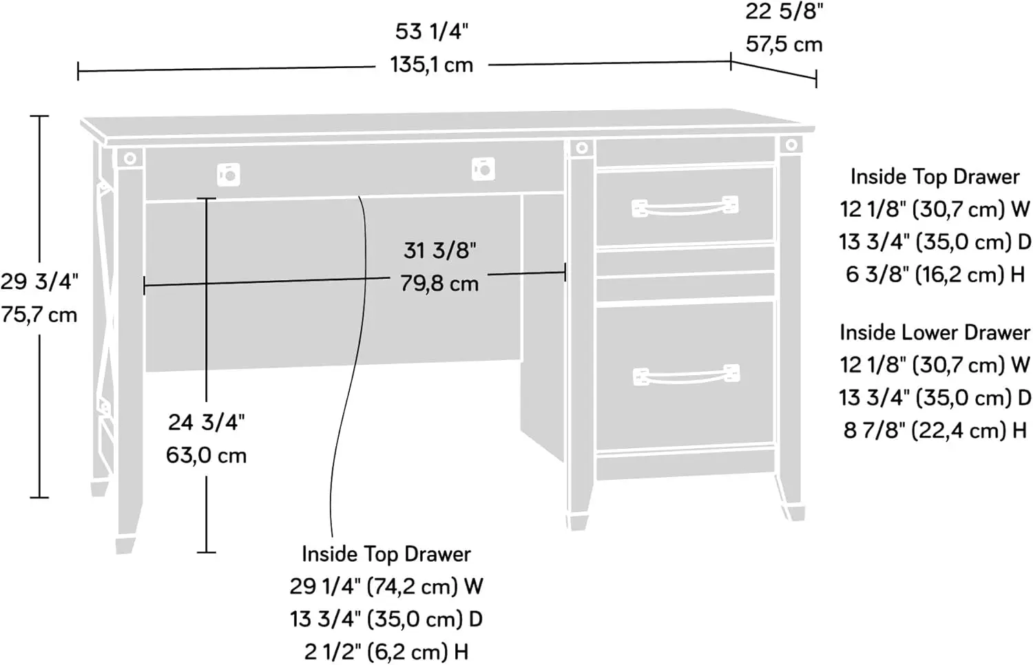 Pedestal Desk, L: 53.19" x W: 22.64" x H: 29.80", Soft White Finish