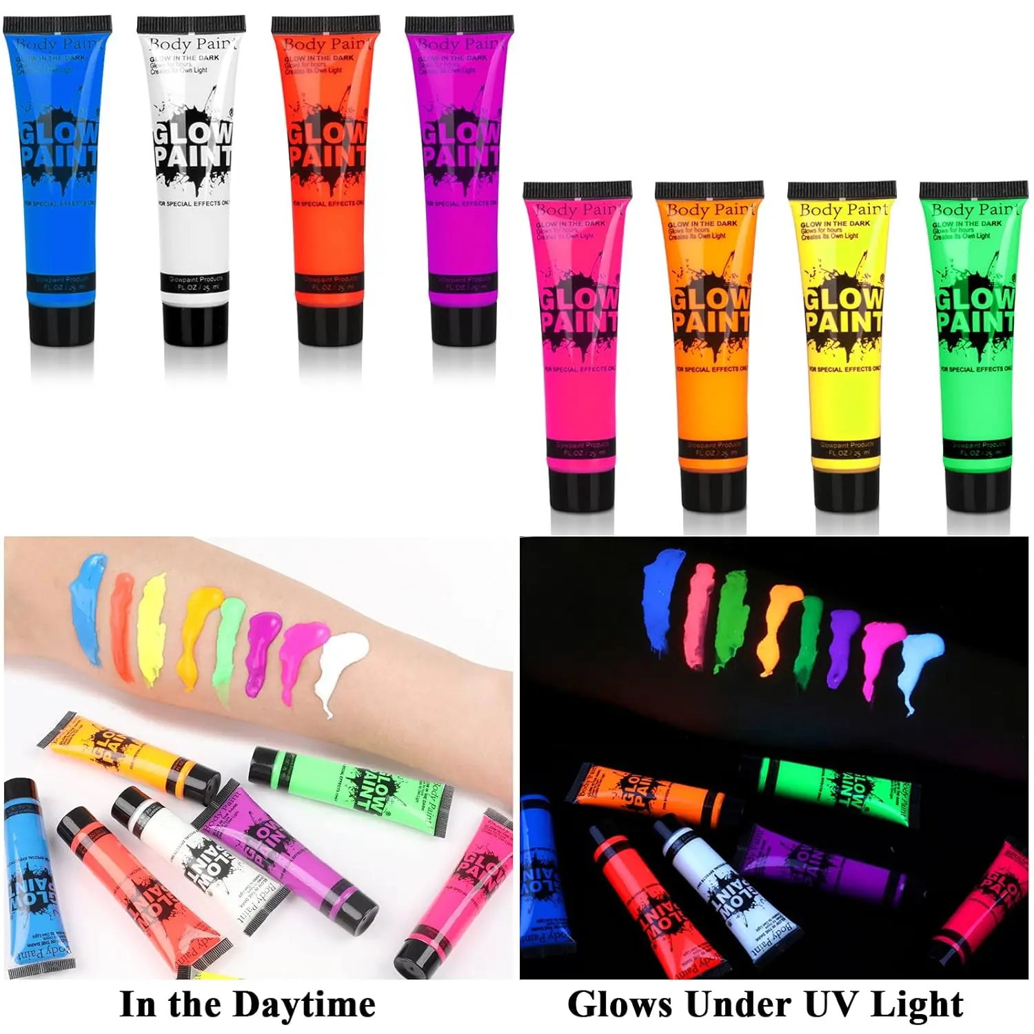 UV Neon Oil Face and Body Art Paint, 8 Tubes Glow in the Dark Body Paints Makeup, Neon Fluorescent Glow in Dark Party Cosmetics