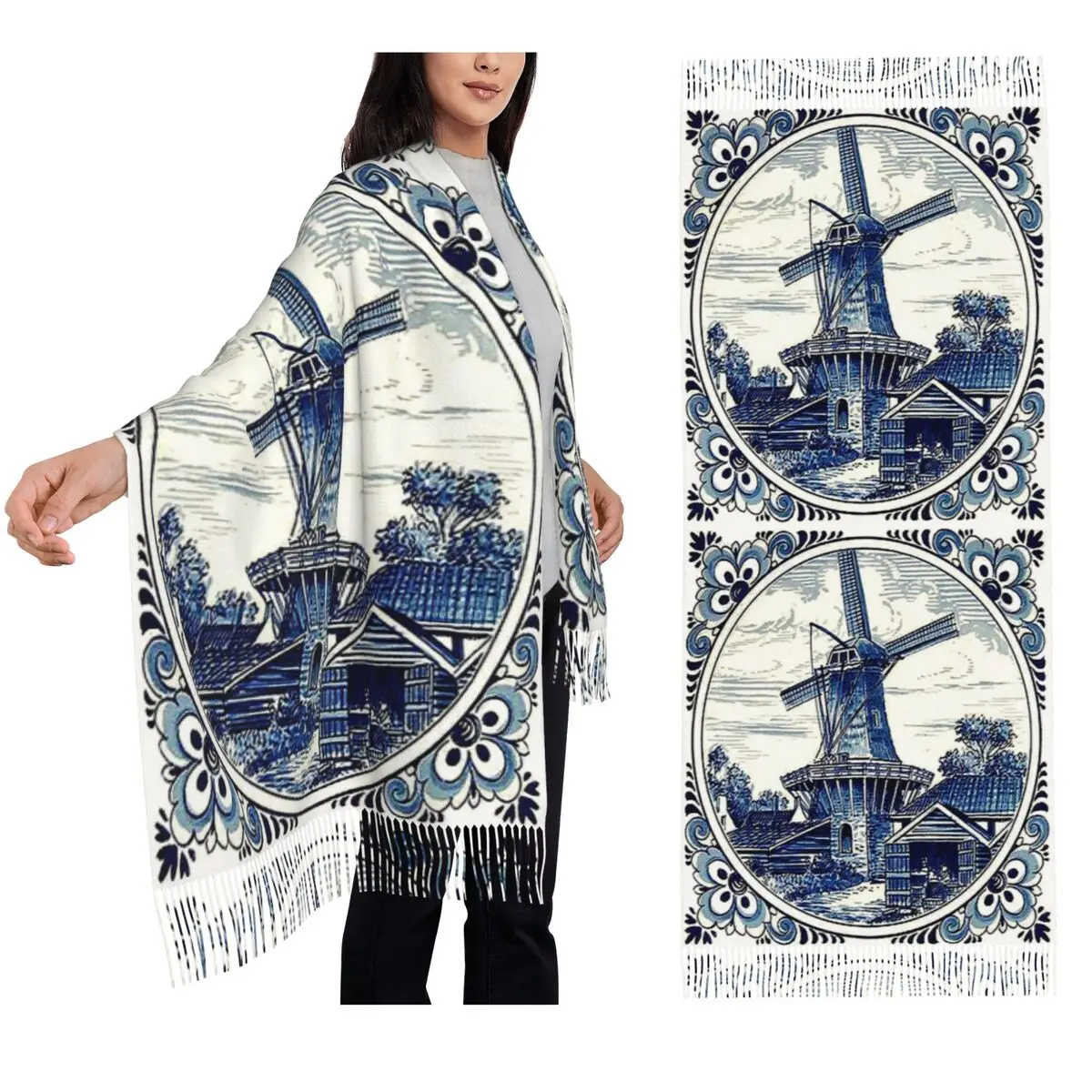 

Голландский синий дельф, винтажный шарф с принтом ветряной мельницы, шарфы с кисточками для женщин, мягкие теплые шали и накидки, длинная осенне-зимняя шаль, накидка