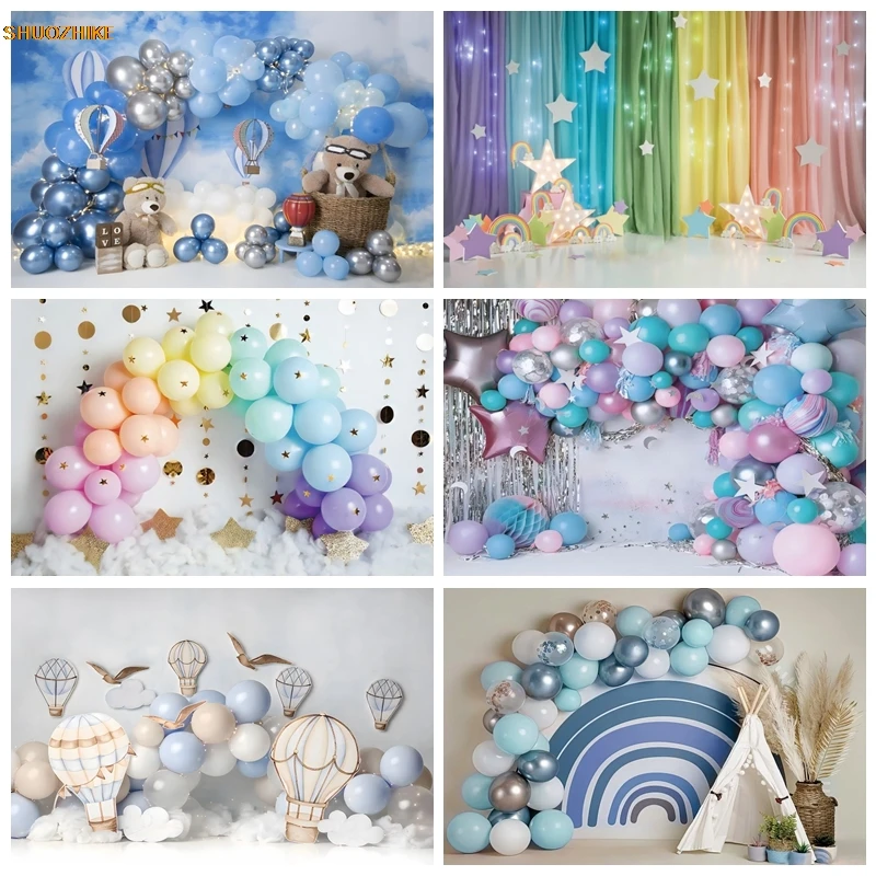 

Girl Boy 1st Birthday Photography Background Pink Floral Balloon Baby Cake Smash Party Decoration Backdrop Photo Studio Props
