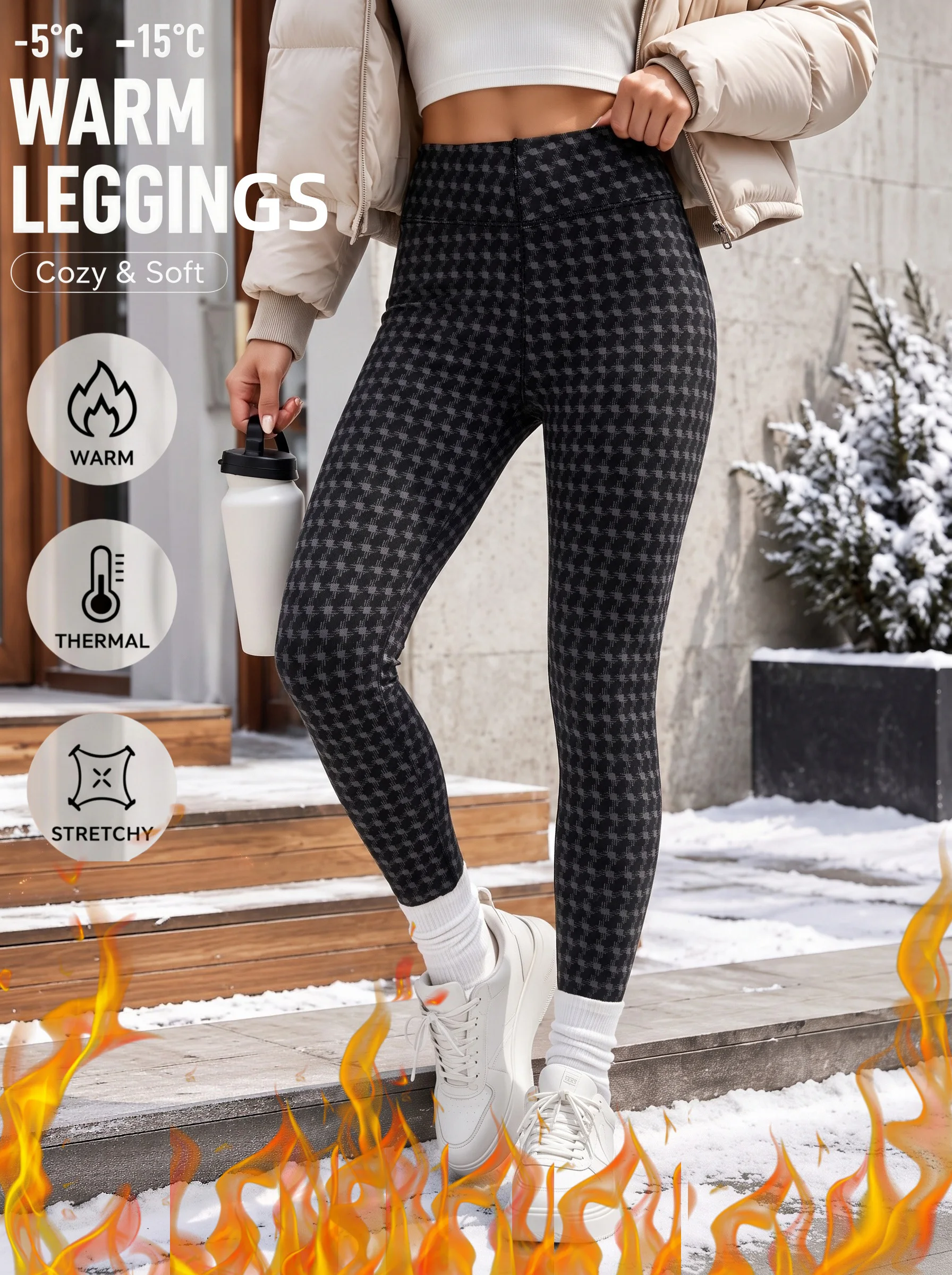 

Women's Vintage Houndstooth Printed Fleece Lined Leggings Thickened Warm Heat Cold Resistant High Stretch Slim Fit Sports Pants