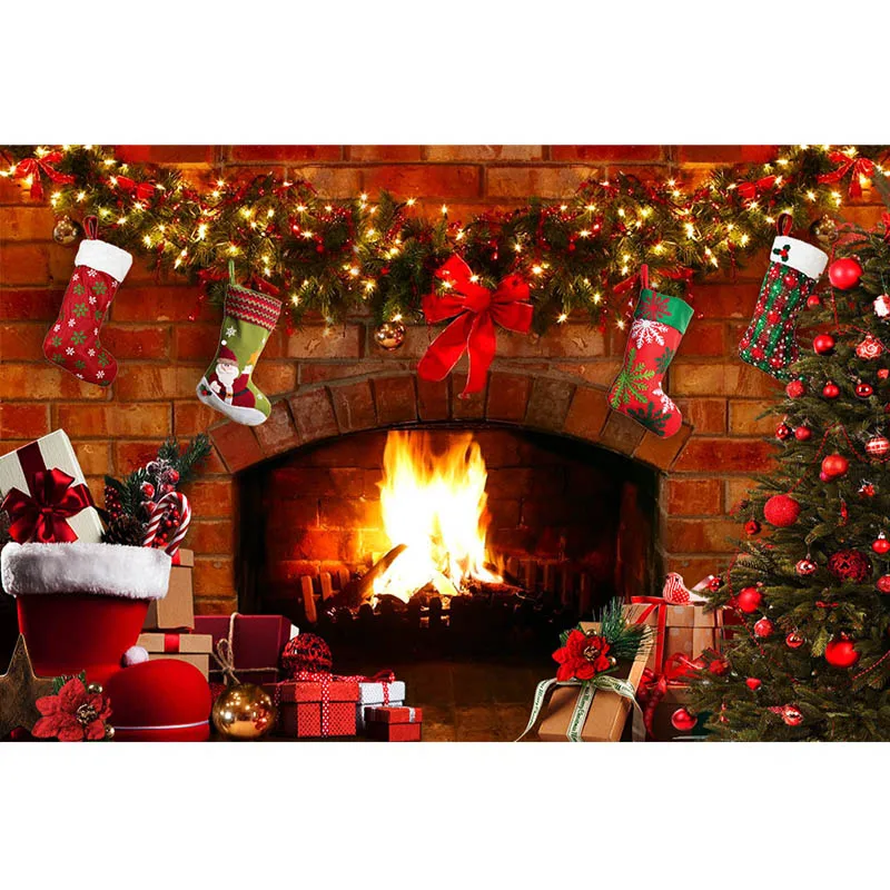 Latar belakang Natal, dekorasi pesta lantai kayu pohon Natal, perapian foto Prop potret latar belakang fotografi Natal