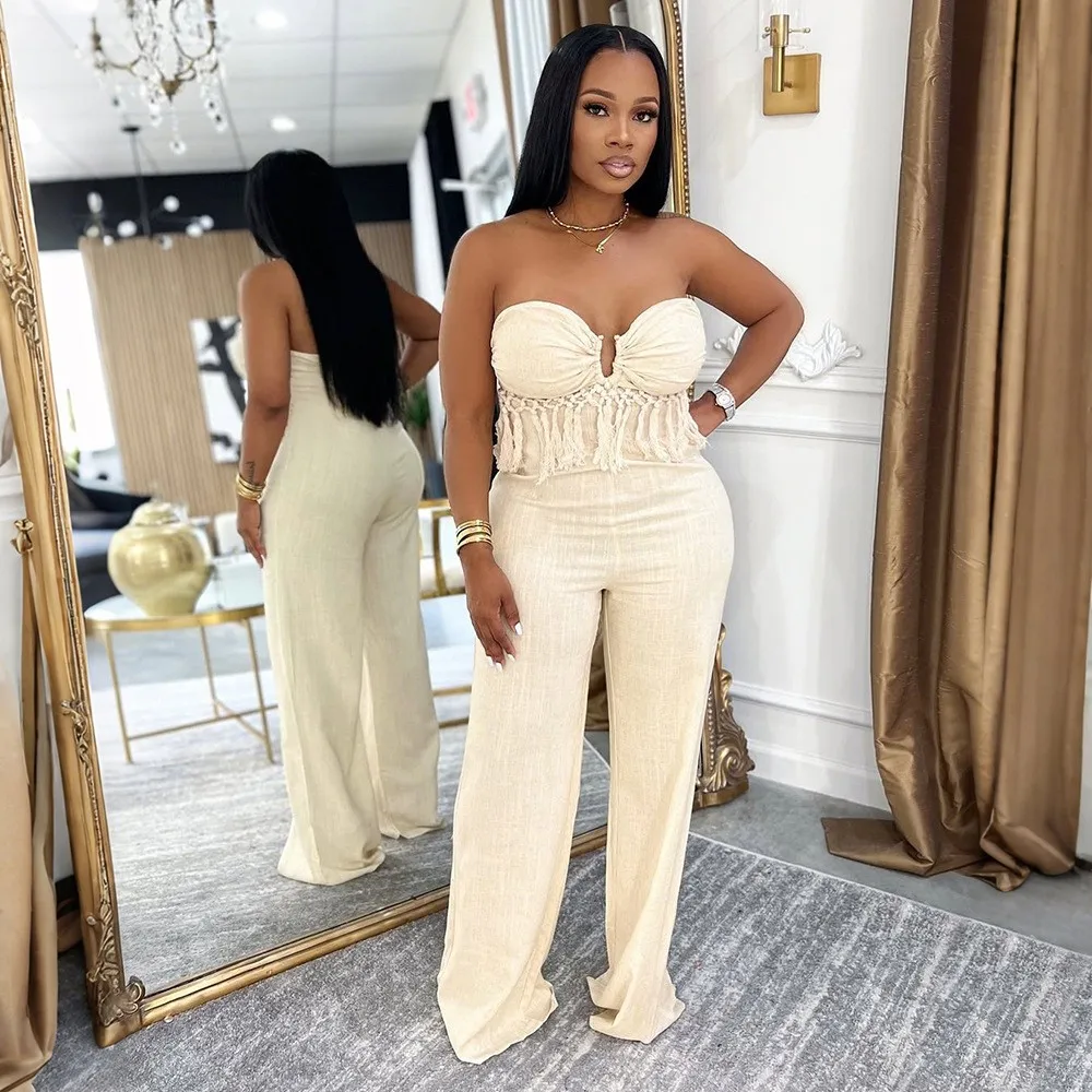 For Woman Jumpsuit Sleeveless Romper Emerald Green Bustier Top Long Jumpsuit Cream Beige Flowing Pants Wide Leg Jumpsuit