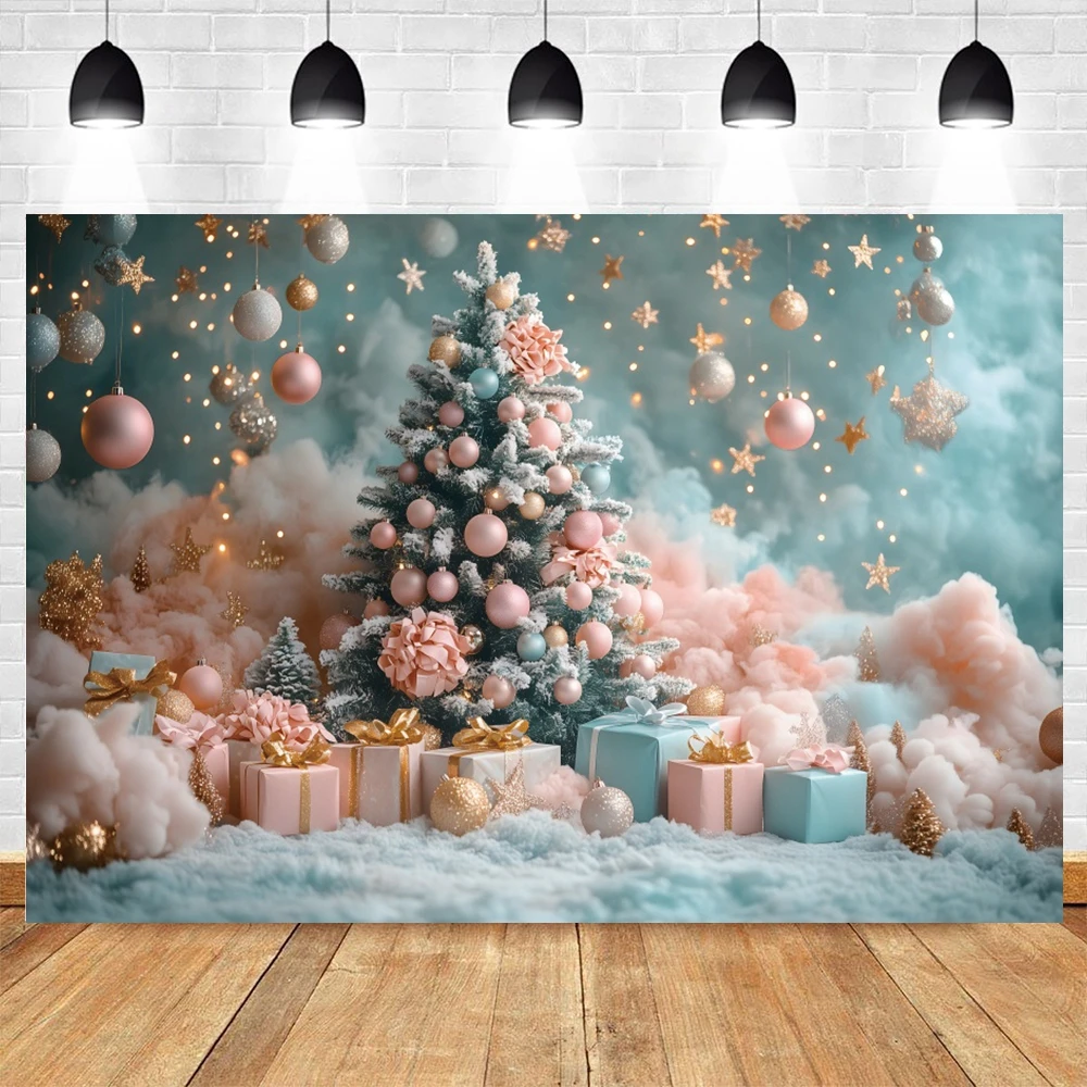 Pink ChristmasTrees Xmas Balls Background Winter Snow Photography Backdrop Kids New Year Home Party Decoration Banner